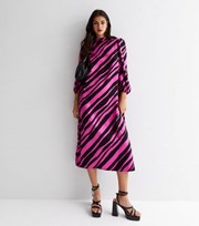 New Look Pink Diagonal Stripe High Neck Midi Smock Dress
